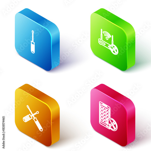 Set Isometric line Screwdriver, Router wi-fi with service, Crossed screwdrivers and Mobile Apps icon. Vector