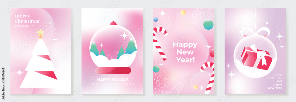 Obraz premium Gradient Christmas vector illustration with pink pastel holiday scenes including tree, snow globe, candy canes, stars, and gift ornaments. Design for greeting cards, happy holiday and happy new year