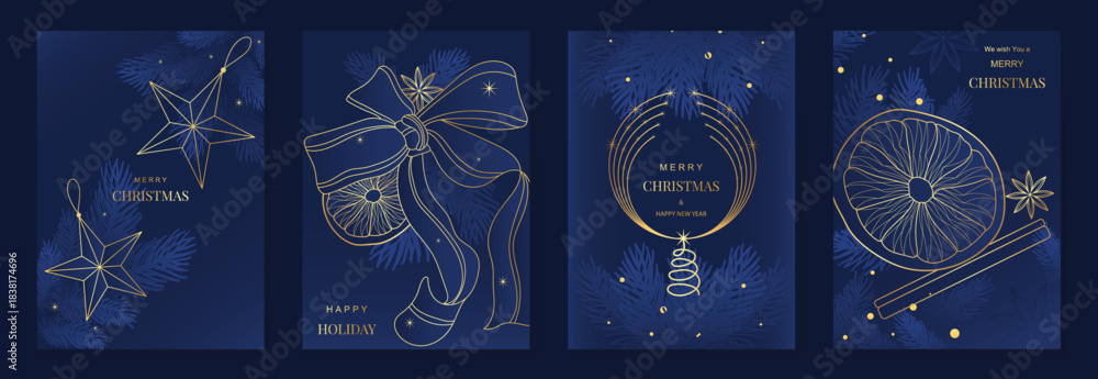Obraz premium Merry Christmas and Happy New Year greeting card vector set. Luxury navy blue illustration with elegant gold line stars, bows, ornaments and pine branches, perfect for holiday greeting cards, posters 