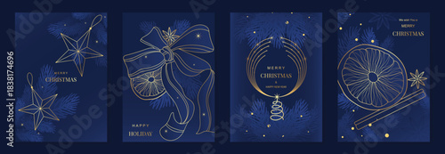 Merry Christmas and Happy New Year greeting card vector set. Luxury navy blue illustration with elegant gold line stars, bows, ornaments and pine branches, perfect for holiday greeting cards, posters 
