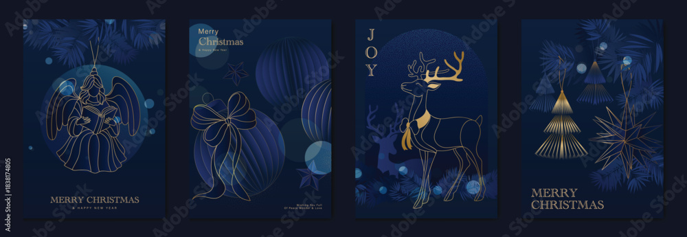 Obraz premium Merry Christmas and Happy New Year greeting card vector set. Luxury navy blue illustration featuring elegant gold line angel, ornaments, reindeer, stars and hanging Christmas trees, perfect for holida