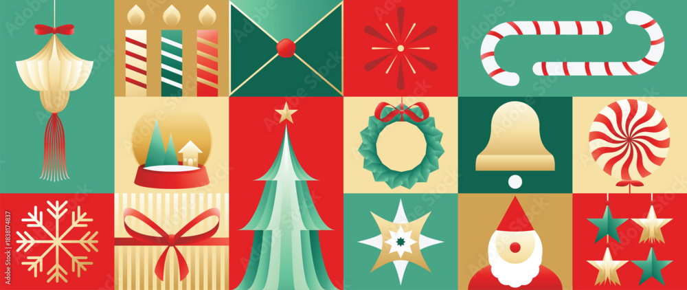 Obraz premium Geometric Christmas vector pattern with red and green festive shapes and modern holiday elements. Perfect design for greeting cards, packaging, wallpaper, and happy new year invitations.