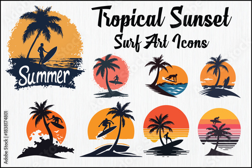 Stunning tropical surf sunset icons for vibrant summer designs