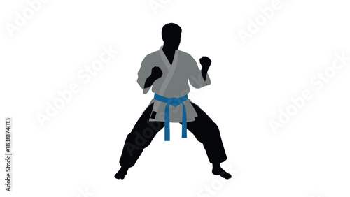 Karate practitioner silhouette in fighting pose with blue belt for martial arts design