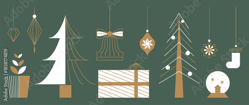 Christmas vector element set. Minimal festive icons including trees, ornaments, gifts and decorations for holiday projects.