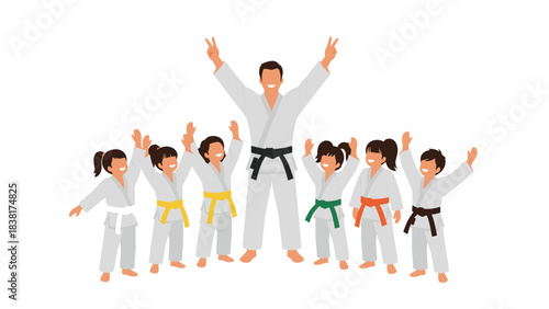 Karate class with kids and instructor celebrating success in martial arts training