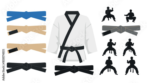Martial arts belt progression and karate silhouettes for training and design