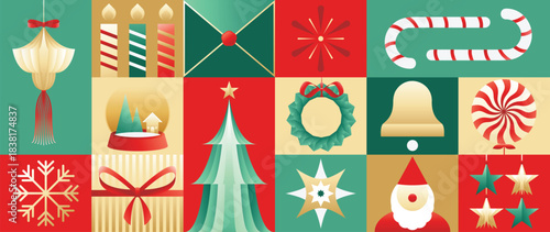 Geometric Christmas vector pattern with red and green festive shapes and modern holiday elements. Perfect design for greeting cards, packaging, wallpaper, and happy new year invitations.