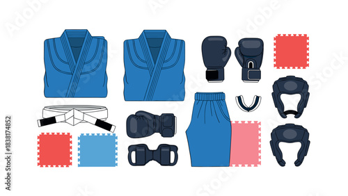 Martial arts equipment kit for training and safety with protective gear and uniforms