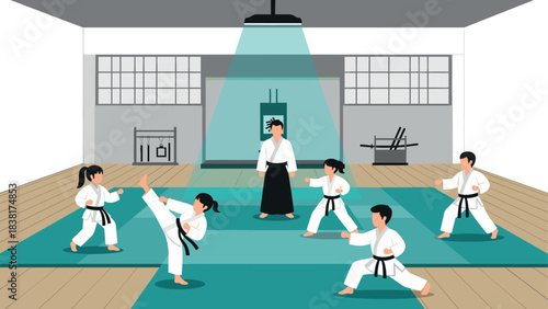 Martial arts training class in dojo with karate students and instructor for fitness and discipline concept