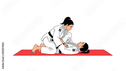 Martial arts training scene with two women practicing judo on red mat