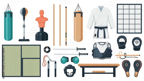 Martial arts equipment and training gear collection for practice and design projects