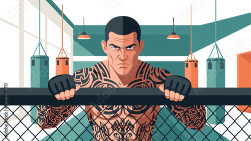 Tattooed boxer training in gym with focused expression for motivational poster design