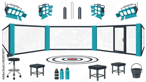 Mixed martial arts arena with equipment for training and competition design