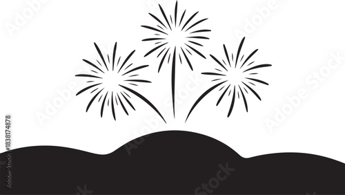 Black fireworks exploding over dark rolling hills explosion
