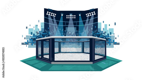 Mixed martial arts arena with cage and spotlights for sports event design
