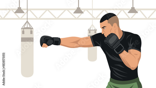 Boxer practicing punches in gym with punching bags for martial arts training and fitness