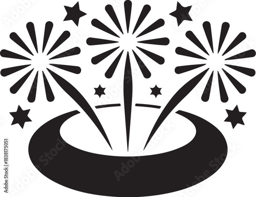 Black fireworks exploding with stars above oval base