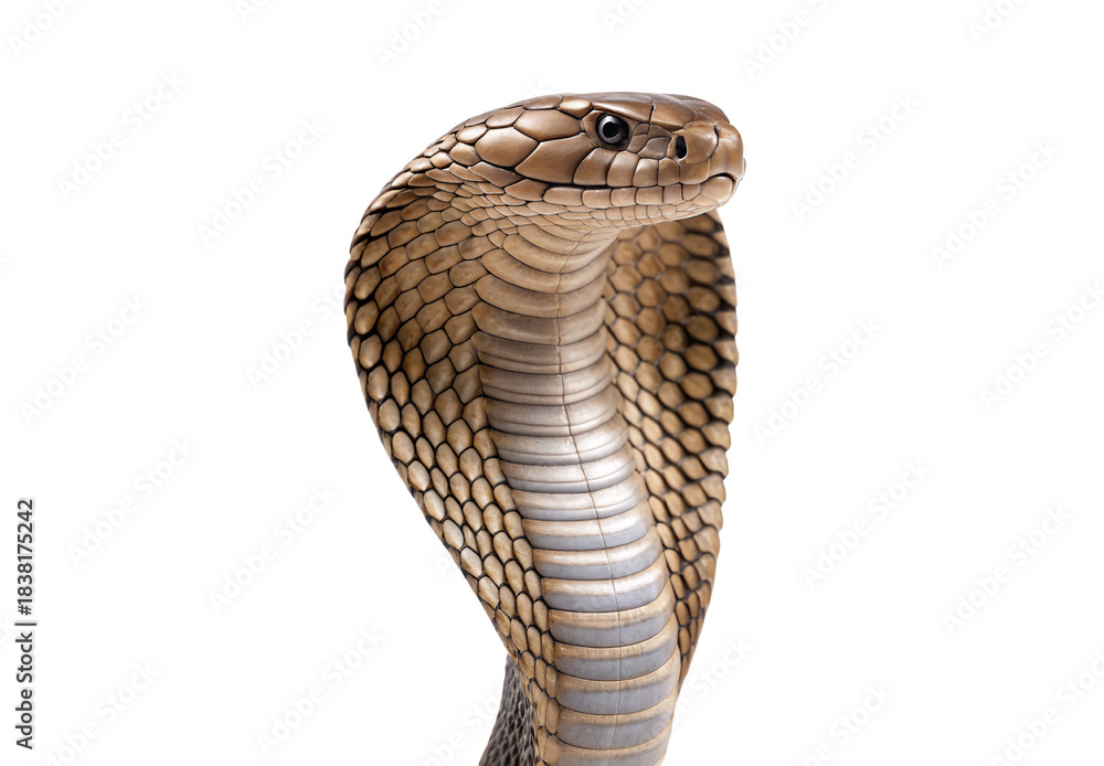 Fototapeta premium Brown cobra snake, raised hood, realistic scale pattern, isolated on a transparent background