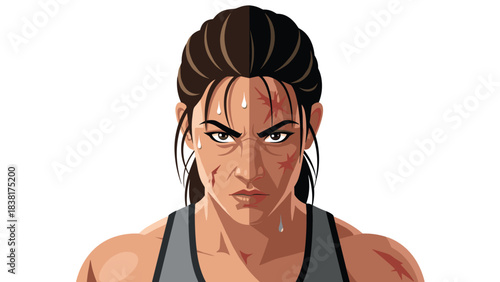 Determined female warrior with scars and sweat illustration for motivational design