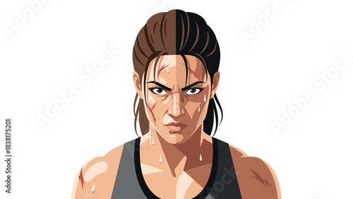 Determined female athlete with sweat and scratches illustration for sports designs