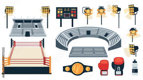 Boxing arena elements and equipment for event designs and illustrations