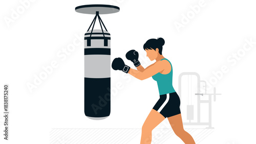 Woman practicing boxing with punching bag in gym setting ideal for fitness and sports design