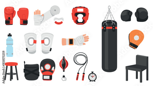 Boxing gear collection: gloves, punching bag, jump rope, and protective equipment for training and fitness motivation