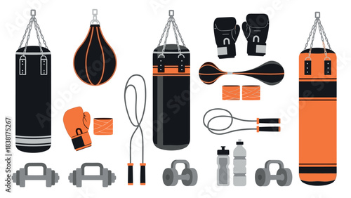 Boxing equipment set with gloves, punching bags, and fitness accessories for gym design