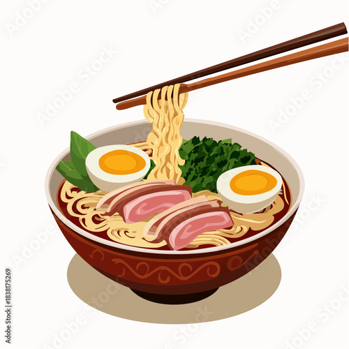 Delicious bowl of ramen noodles with sliced duck, hard-boiled eggs, and fresh greens, expertly lifted with chopsticks, showcasing a vibrant and flavorful Japanese culinary experience