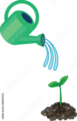 Green watering can with pouring water and sprout isolated on white background	