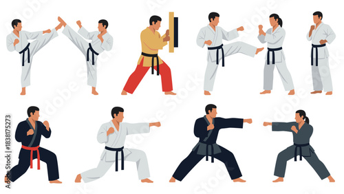 Martial arts practice and training scenes featuring karate techniques for posters or instructional designs