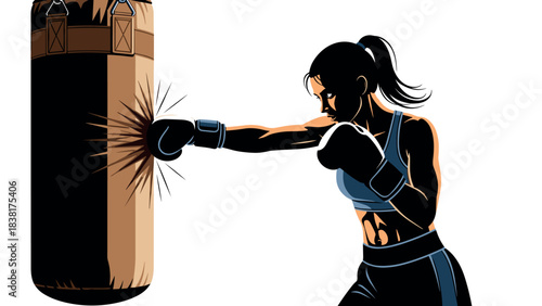 Female boxer training with punching bag for fitness and strength