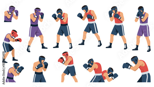 Boxing training techniques with fighters in various stances and safety gear