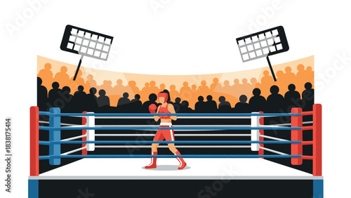 Boxing match arena illustration with boxer in ring for sports event promotion