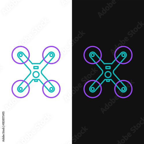 Line Drone flying icon isolated on white and black background. Quadrocopter with video and photo camera symbol. Colorful outline concept. Vector
