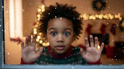Child staring at snowfall through window at Christmas, winter holiday season and childhood wonder