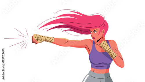 Female boxer with pink hair practicing punch technique for fitness motivation design