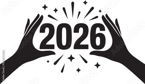 Black hands holding the year 2026 with starbursts new year