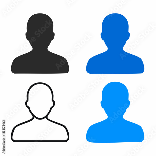 Set of four stylized profile icons representing a person or user in black, white outline, and two shades of blue, suitable for avatars and user identification