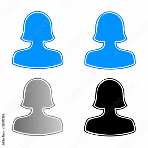Set of four user profile icons in blue, grey, and black, representing different genders or user types, ideal for web and application design
