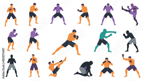 Mixed martial arts fighters in various combat poses for training and fitness design