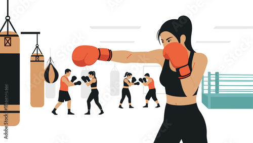 Female boxing training illustration with punching bag and sparring in gym - perfect for fitness posters and sports designs