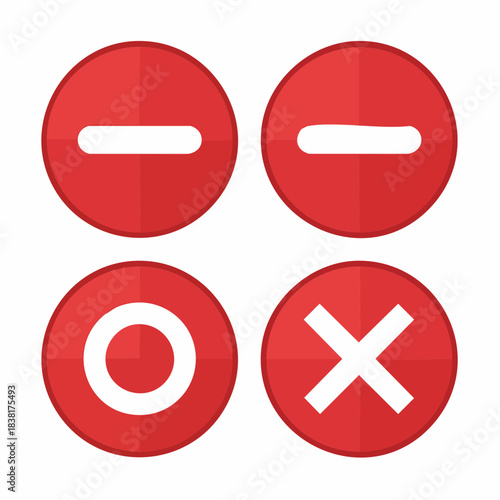 Set of four red circle icons with white minus sign, circle outline, and cross symbol, representing negation, cancellation, or incorrect options in a user interface or design