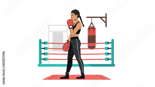 Female boxer training in gym boxing ring for fitness and competition