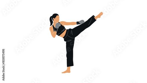 Female kickboxer in high kick pose wearing gloves for training illustrations and sports design