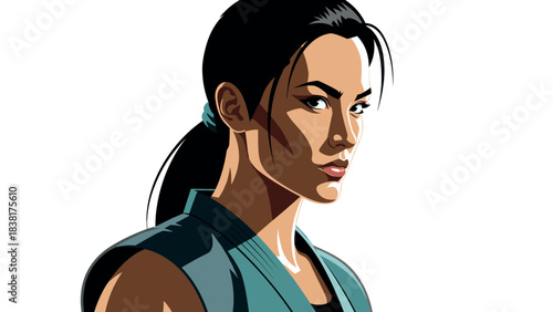 Confident woman warrior in blue attire for posters and designs