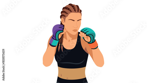 Confident woman in boxing pose with braids for sports training and fitness motivation design