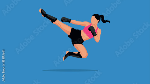Female martial artist in dynamic kick pose on blue background for sports illustration
