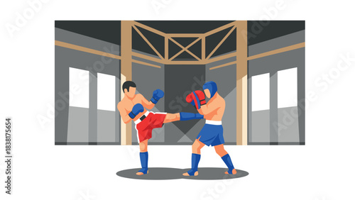 Martial arts sparring illustration featuring muay thai fighters in action